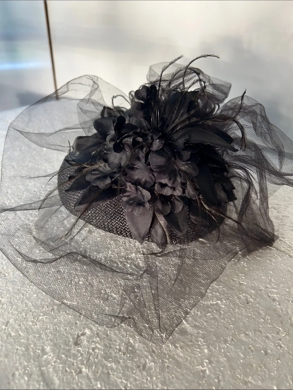 Fedoria Vintage Black Veiled Fascinator Hat Floral Accent Formal 40s -60s Derby